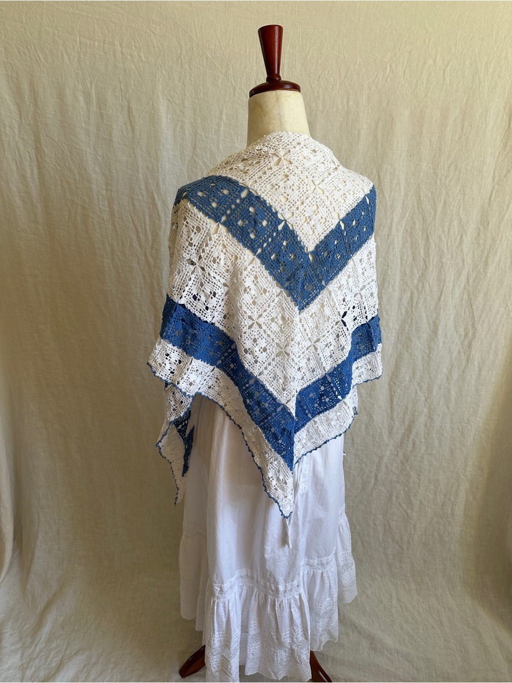Vintage Hand-Crocheted Shawl in White and Blue